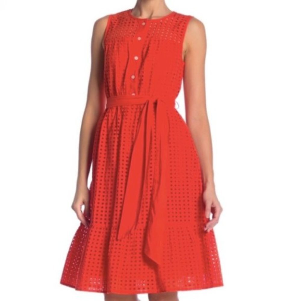 Women's Sleeveless Red Midi Dress with Waist Tie
